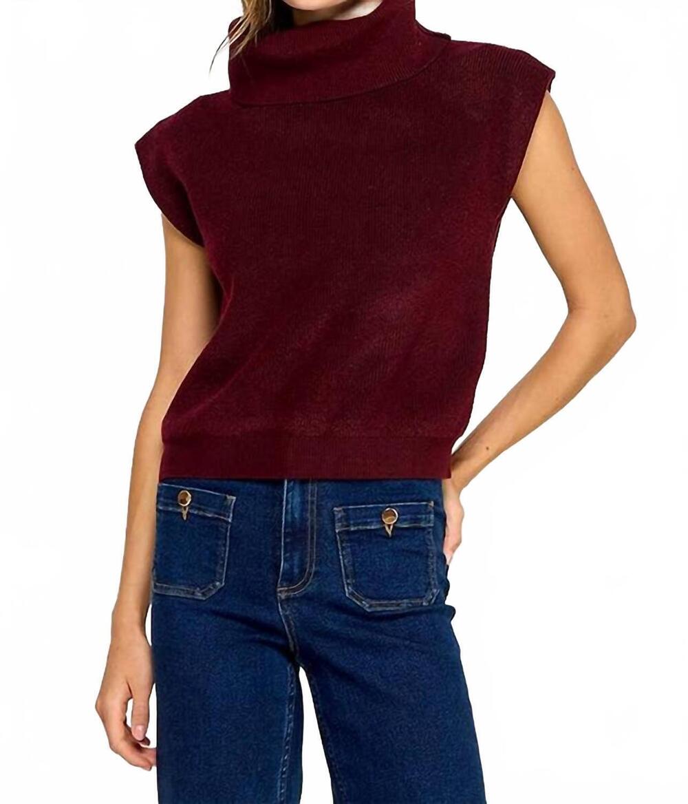 NEW MISS LOVE women's ribbed sleeveless turtleneck sweater in burgundy